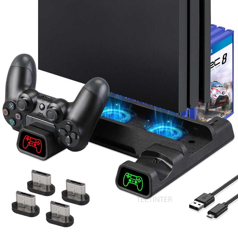 Für PS4/PS4 Slim/PS4 Pro Vertical Stand LED Lüfter Dual Controller Ladegerät Ladestation für SONY Playstation 4 Kühler