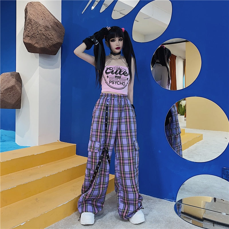 QWEEK Punk Harajuku Checkered Pants Women Goth Hippie Plaid Trousers Hip Hop Wide Cargo Pants Indie y2k Aesthetic 2000s Korean