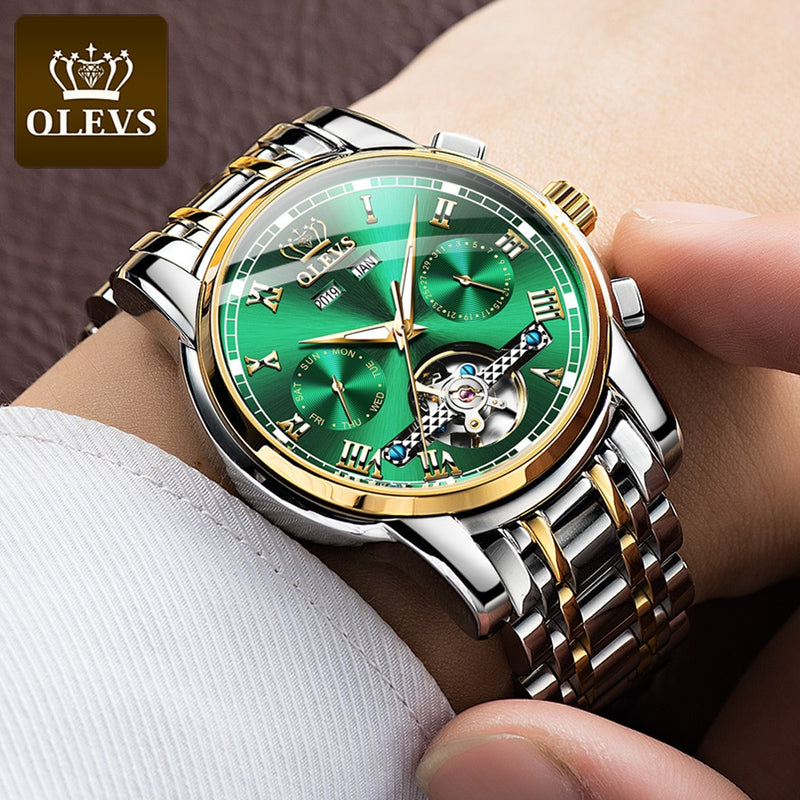 OLEVS Automatic Mechanical Men Watches Stainless Steel Waterproof Date Week Green Fashion Classic Wrist Watches Reloj Hombre