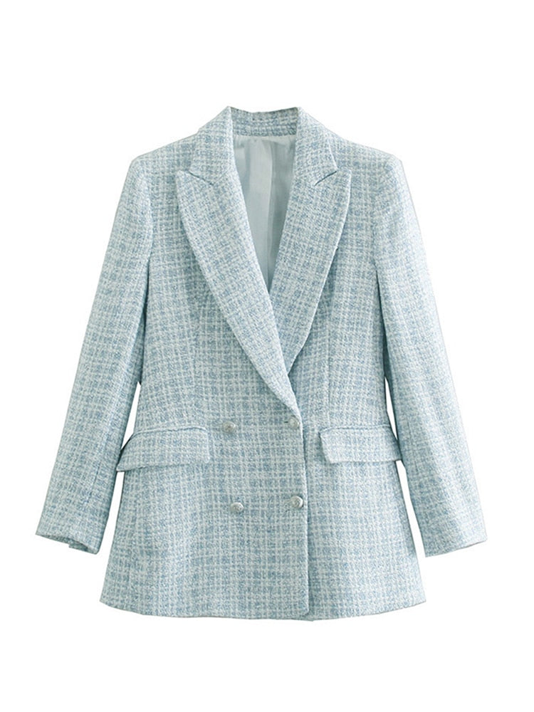 Za 2021 Women Suit Jacket Tweed Blazer Women Jacket Femme Plaszcz Wiosenny Damski Sobrecamisa Cuadros Plaid Checkered Blazer