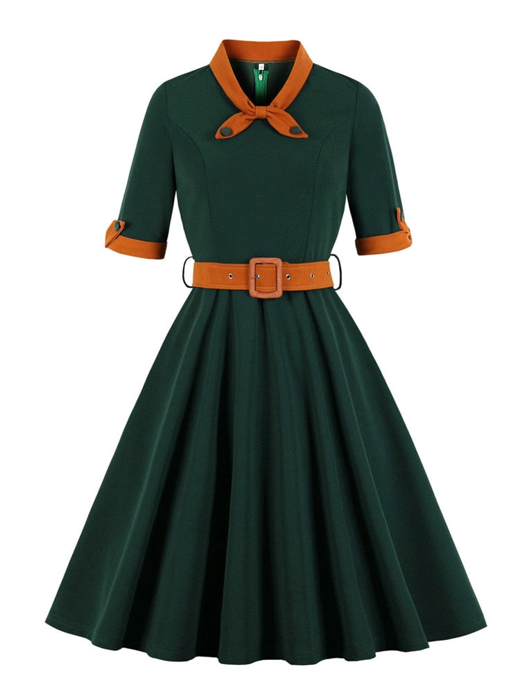 Tonval Green Contrast Bow Neck and Cuff Vintage Belted Dress Half Sleeve Herbst Damen Fit and Flare Retro Swing Kleider