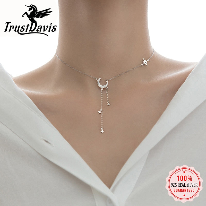 TrustDavis Genuine 925 Sterling Silver  Moon Tassel Star Pendant Short Necklace For Women Wedding S925 Necklace Jewelry DA1027