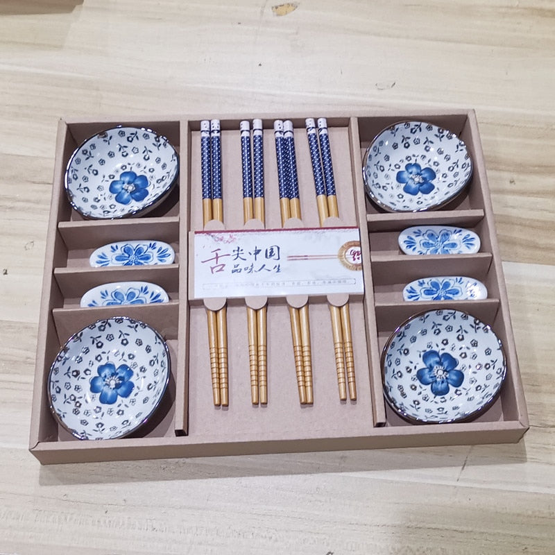 Platos de sushi de cerámica de flor de cerezo de estilo japonés, plato de salsa de soja Sashimi, juego de vajilla azul, caja de juego de vajilla (12 unids/set)