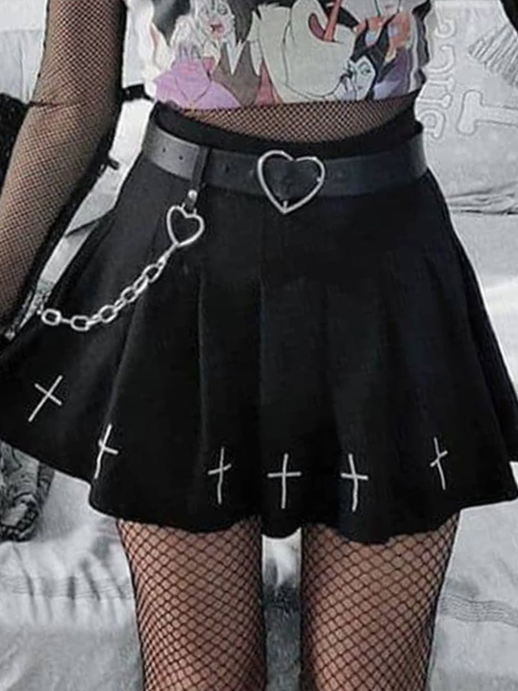InsGoth High Waist Mini Black Skirts Gothic Streetwear Cross Print Pleated Women Skirts Emo Fairy Grunge Lolita Harajuku Skirt