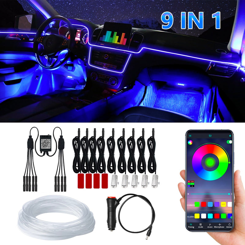 Luz ambiental para coche, aplicación de decoración Interior ambiental, Control de sonido, tiras Led de neón RGB inalámbricas, lámparas flexibles automáticas