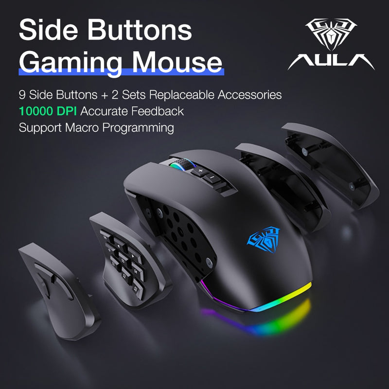 AULA H510 RGB Gaming Mouse 10000 DPI Botones laterales Marco Progrommable Egronomic 14 Wire Retroiluminado Game Mouse para computadora portátil