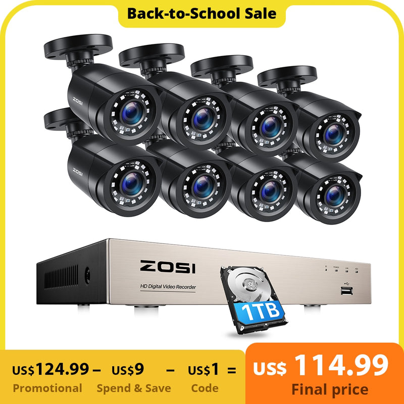 ZOSI 8CH CCTV System H.265 + 5MP Lite HD-TVI DVR kit 8 1080p 2MP Seguridad para el hogar Cámara de visión nocturna al aire libre Kit de videovigilancia