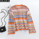 Cardigan Top Women Long Sleeve Single Button Decorated Slim Rainbow Striped Patchwork Women&