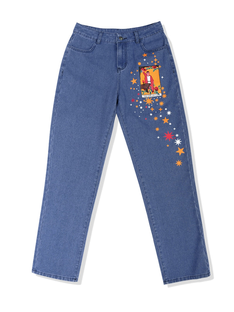 Womens Jeans Star Cartoons Pattern Printed 2022 Autumn Winter Denim Trousers fit Young Girl Vintage Cute female Jeans Pant Blue