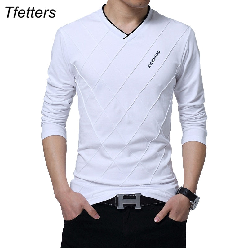 TFETTERS Fashion Men T-shirt Slim Fit Custom T-shirt Crease Design Long Stylish Luxury V Neck Fitness T-shirt Tee Shirt Homme