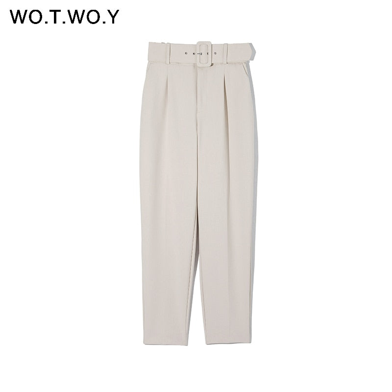 WOTWOY Elegant Formal High Waist Pants Women Skinny Office Lady Pencil Pants Women Pockets Sashes Ankle-Length Trousers Women