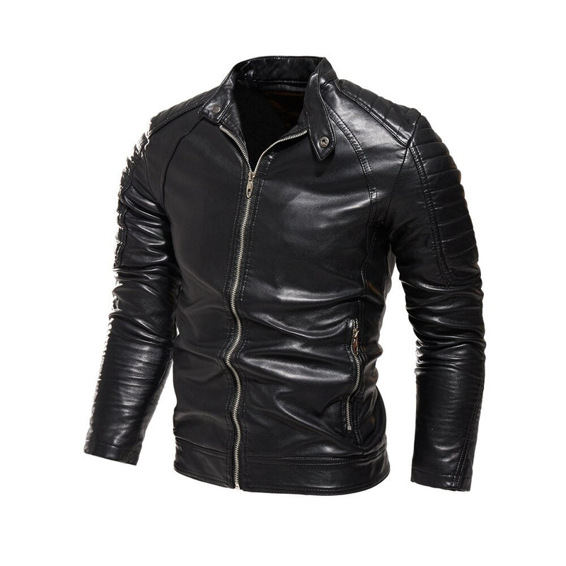 2022 Winter Schwarze Lederjacke Männer Pelz Gefüttert Warme Motorradjacke Schlank Street Fashion SCHWARZ Biker Mantel Plissee Design Reißverschluss