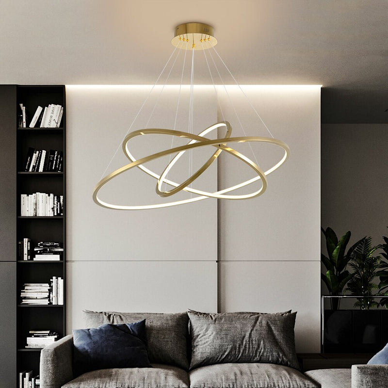 Candelabro led de anillo moderno para escalera, lámpara colgante de oro para sala de estar de lujo, lámpara colgante de decoración para pasillo de villa larga