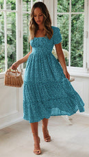 Vestidos Vintage Vintage Print Puff Sleeve Sommer Strand süße Kleider Casual Square Kragen Blumen Maxi langes Kleid 2022 festa