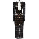 Seasixiang Fashion Designer Spring Summer Lace Pencil Dress Women Stand Collar Long Sleeve Hollow Out Elegant Party Dresses