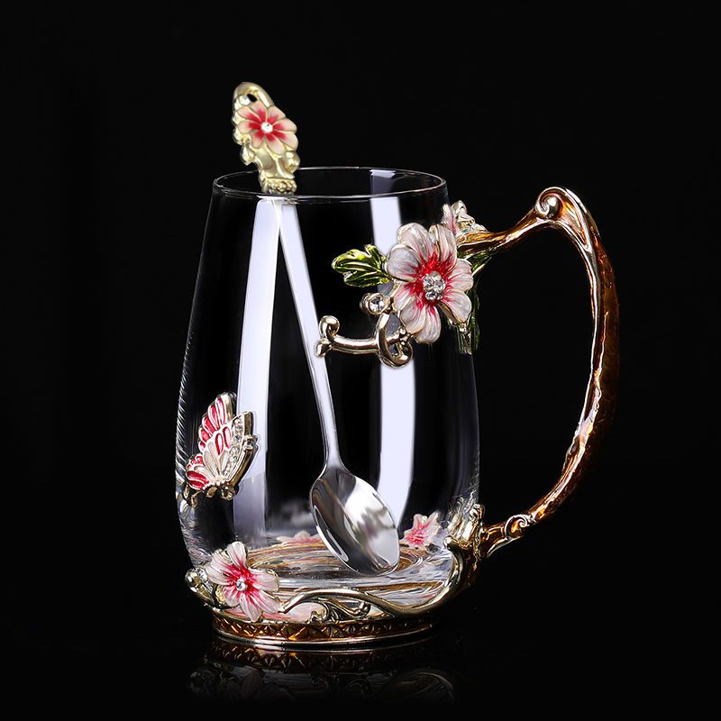 Schönheit und Neuheit Emaille Kaffeetasse Becher Blume Tee Glas Tassen für heiße und kalte Getränke Teetasse Löffel Set Perfektes Hochzeitsgeschenk