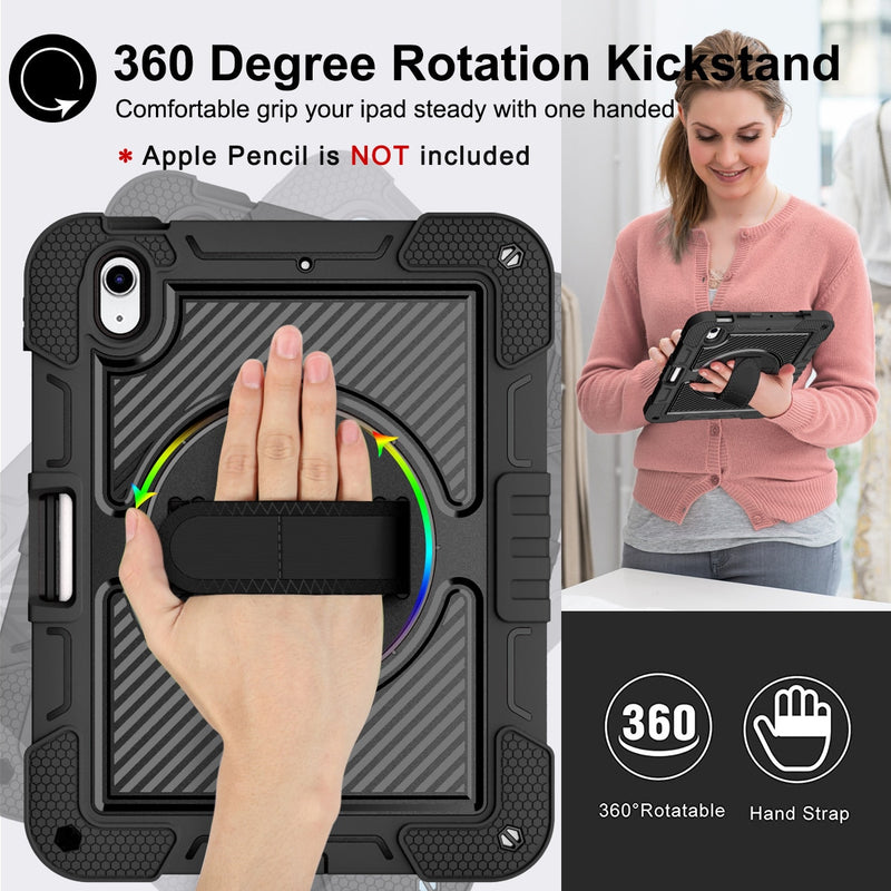 for iPad 10th Generation Case 10.9&quot; 2022, with Pencil Holder/360 Rotation Stand/Hand Strap, Heavy Duty Shockproof Rugged Cover