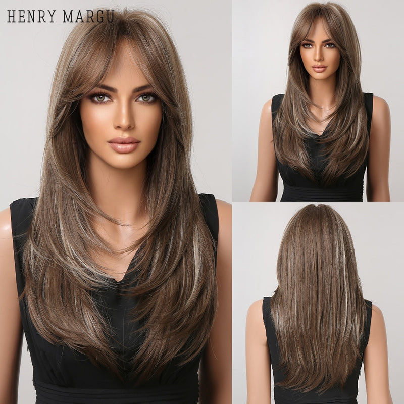 HENRY MARGU Long Straight Black Synthetic Wigs With Bangs Natural Fake Hairs for Women Afro Heat Resistant Cosplay Daily Wigs