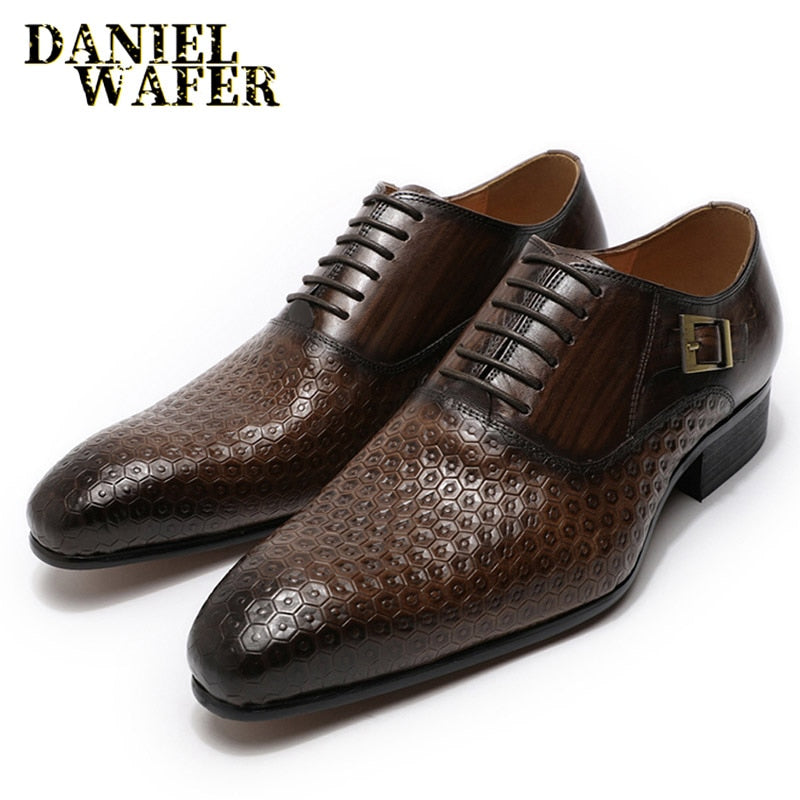 Daniel Wafer Man Schuhe Luxus echtes Leder geometrische Drucke Büro Hochzeit Mann formale schwarze Schnürung spitze Zehen Oxford Schuhe