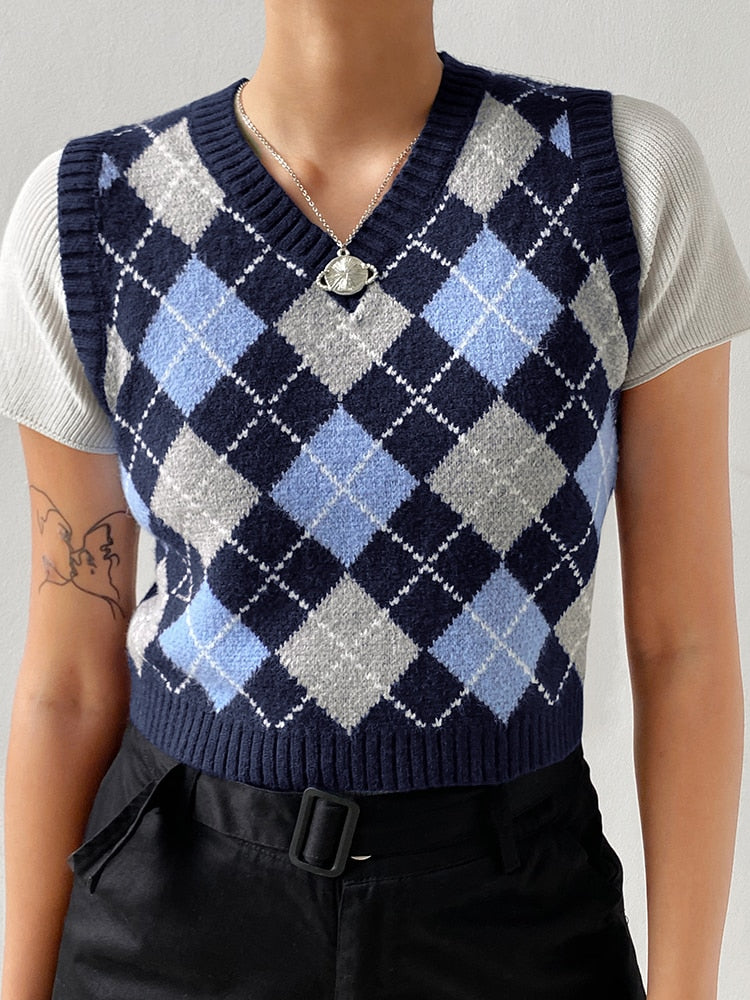 HEYounGIRL V-Ausschnitt Vintage Argyle Pullover Weste Damen schwarz ärmellos kariert gestrickt Crop Pullover lässig Herbst adrette Art