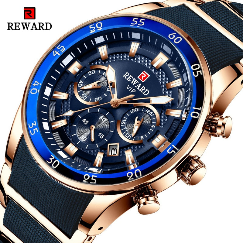 REWARD Brand Mens Watches Luxury Quartz Blue Watch Full Steel Men Chronograph Waterproof Business Wrist Watch Relogio Masculino