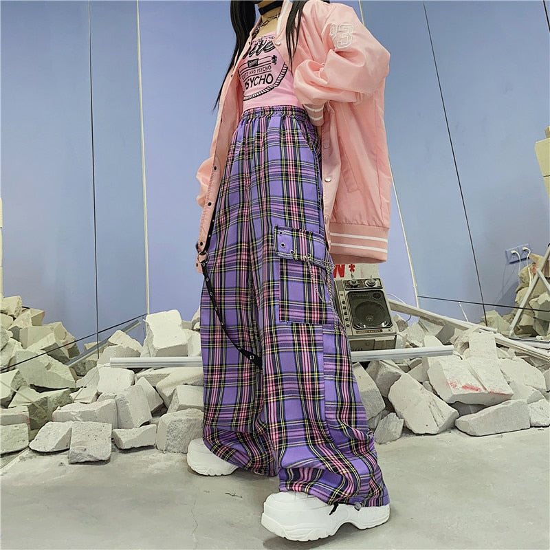 QWEEK Punk Harajuku Checkered Pants Women Goth Hippie Plaid Trousers Hip Hop Wide Cargo Pants Indie y2k Aesthetic 2000s Korean