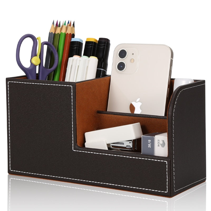 High Grade PU Leather Desk Organizer Wooden Pen Holder Pencil Box Marble Desk Storage Box &amp; Bin Stationery Pen Stand Containers