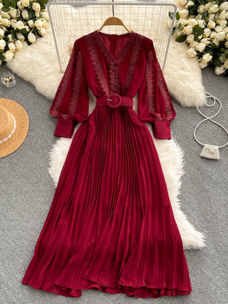 Women Lace Patchwork Pleated Chiffon Long Dress Autumn Winter Red/Black/Blue Draped Party Vestidos With Sashes Female Robe 2021