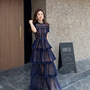 Maxikleider für Frauen 2022 New Summer Dark Blue Exquisite Lace Stitching Short Sleeve Multi-Layer Cake Dress Slimming Dress