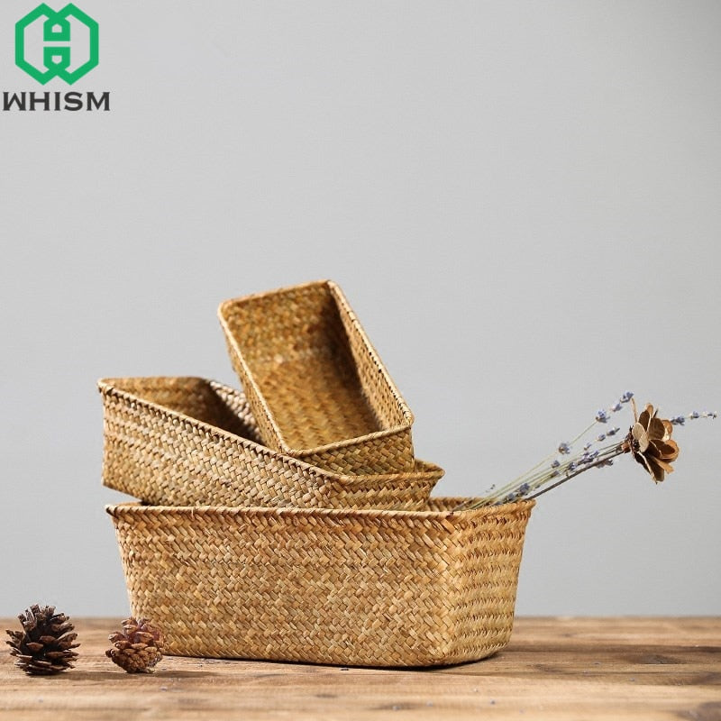 WHISM Handmade Wicker Storage Basket Rattan Fruit Tea Storage Box Holder Seagrass Picnic Basket Wickerwork Cosmetics Organizer