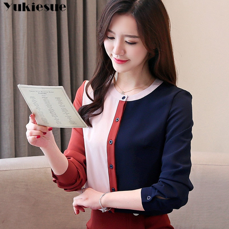 Koreanische Modekleidung 2022 Chiffonbluse Damenoberteile Oberteile Damenbekleidung Button Stand Damenoberteile und Bluse Voll