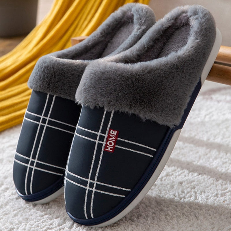 Large size 50/51 Home slippers men Gingham cotton slippers indoor winter warm plush non-slip thick-soled Soft Slippers male