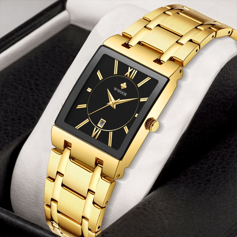 Relogio Masculino WWOOR Gold Watch Men Square Mens Watches Top Brand Luxury Golden Quartz Stainless Steel Waterproof Wrist Watch