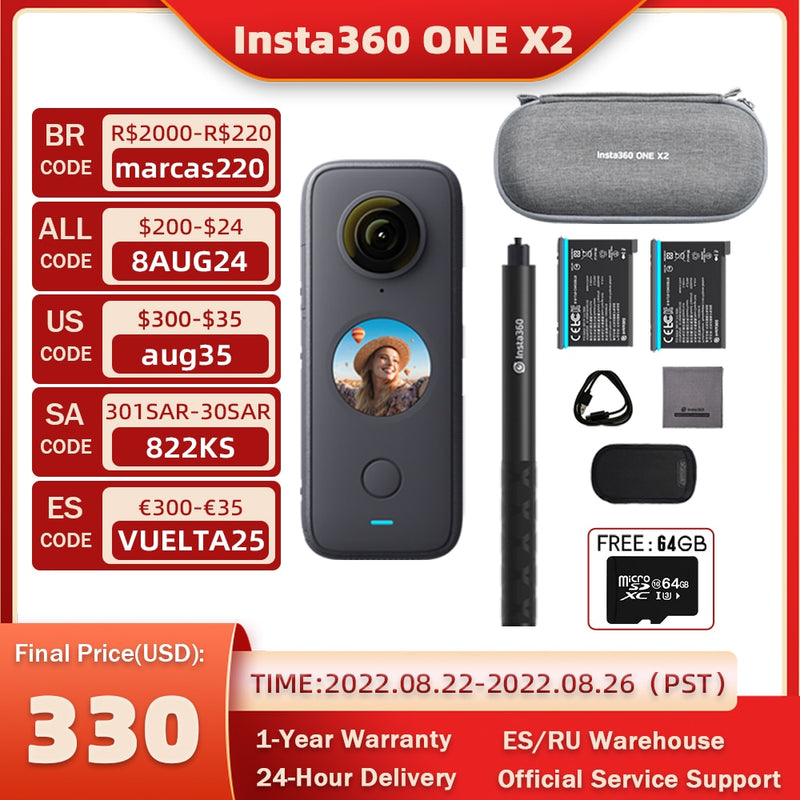 Original Insta360 One X2 Sport-Action-Kamera 5,7 K Video wasserdicht bis 10 m FlowState-Stabilisierung Steady-Cam-Modus-Action-Kamera