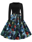 Winter WeihnachtsKleider Damen 50er 60er Vintage Kleid Swing Pinup Elegant Partykleid Langarm Freizeit Print Schwarz