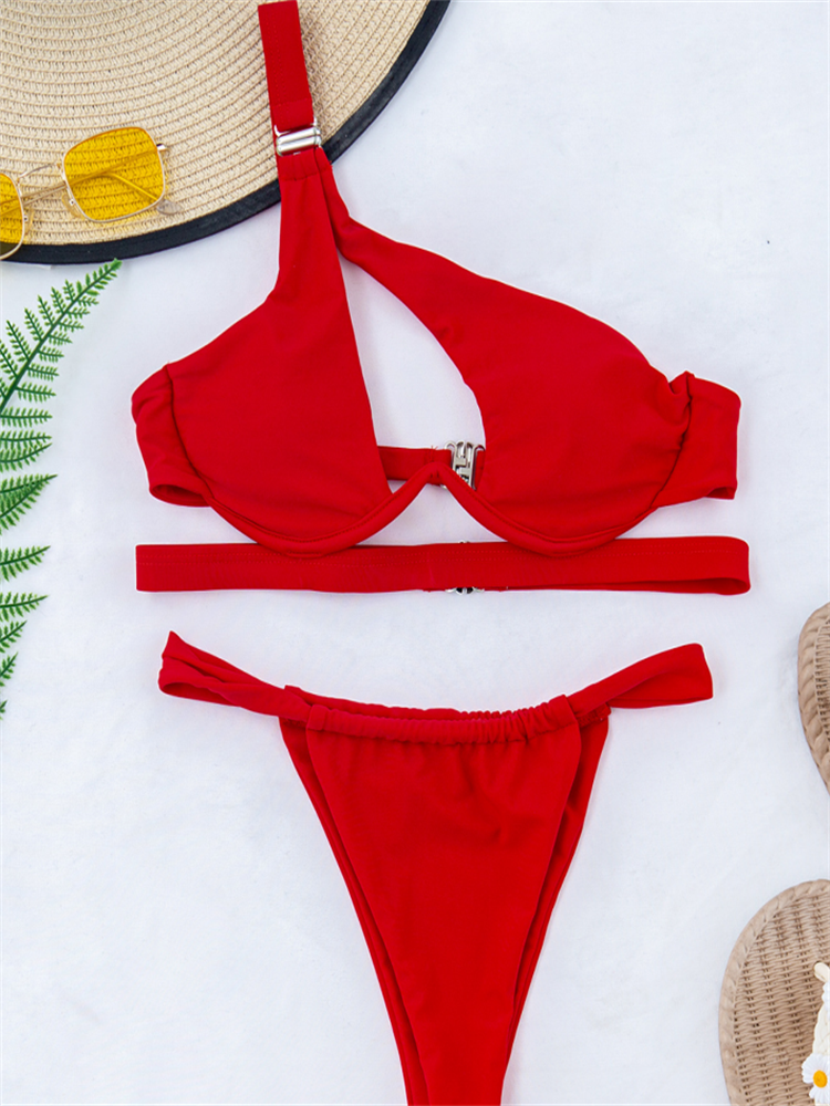 GNIM Sexy Hollow Out Swimwear Women Push Up Bikini Mujer 2021 One Shoulder Solid Thong Swimsuit Female 2 Piece Micro Bather Suit