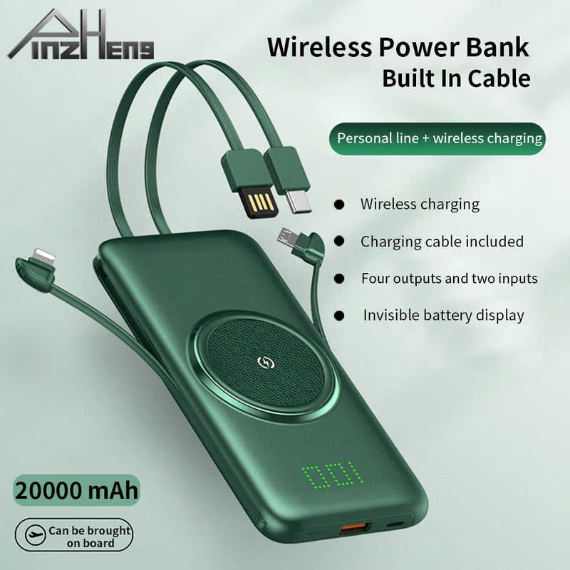 PINZHENG 20000mAh Wireless Charger Power Bank Built-in 4 Cables 10000mAh Powerbank Portable External Battery Charger For iPhone