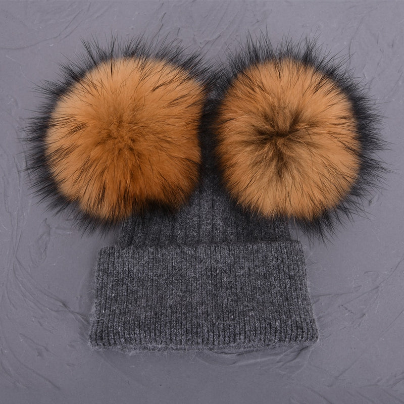 Double Real Raccoon Fur Pompom Hat Women Winter Caps Knitted Wool Hats Skullies Beanies Girls Female Two Fur Pom Pom Beanie Hat