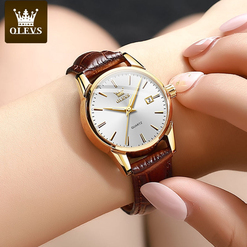 OLEVS Top Brand Quartz Ladies Watches Waterproof Leather Strap Fashion Women Watch Date Clock