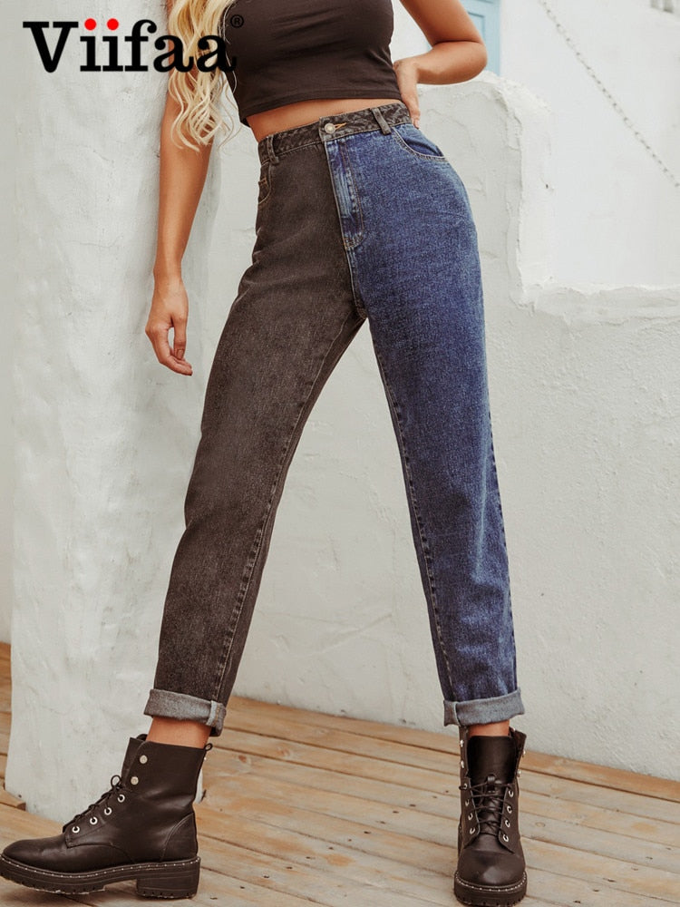 Viifaa Schwarz und Blau Zweifarbige Y2K Denim Jeans mit hoher Taille für Damen 2022 Reißverschluss Freizeithose Damen Gerade Jeans