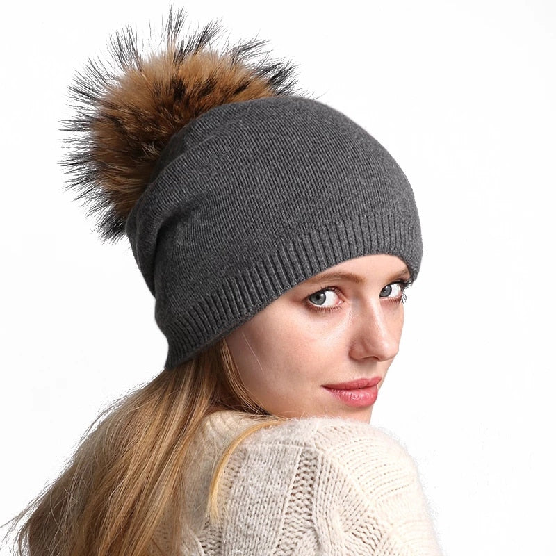 Gorro con pompón para otoño e invierno, gorros tejidos de lana para mujer, gorros informales de Cachemira para mujer, gorro con pompón de piel de mapache Real