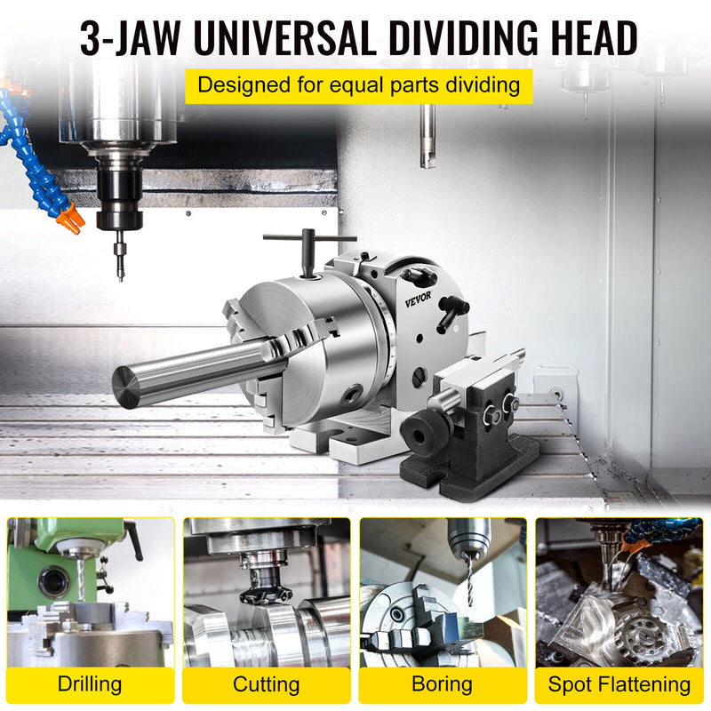 VEVOR BS0 5&quot; Dividing Head Indexing Head Semi Universal With Indexing Plates, Tailstock &amp; 125mm 3-Jaw Chuck for Drilling Milling