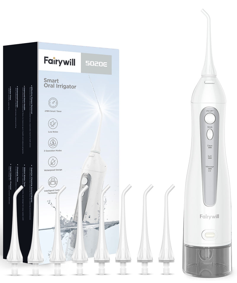 Irrigador de agua Fairywill para dientes, irrigador bucal de 300ML, recargable, portátil, Dental, 3 modos, tanque de agua, limpiador de dientes resistente al agua