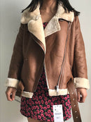 Tangada Damen Beige Pelz Kunstleder Jacke Mantel mit Gürtel Umlegekragen Damen 2021 Winter Dicker Warmer Übergroßer Mantel 5B01