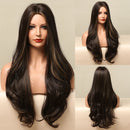 LOUIS FERRE Ombre Black Brown Cosplay Synthetic Wigs Long Middle Part Wavy Natural Hair Wig For Black Woman Afro Heat Resistant