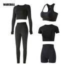 5pcs Women Workout Seamless Yoga Set Fitness Short Sleeve Long Crop Top Shirts Running Leggings Gym Clothes