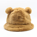 Winter Fashion Cute Leopard Bear Ear Bucket Hat For Women Thick Warm Faux Fur Furly Fisherman Cap Outdoor Protection Soft Panama