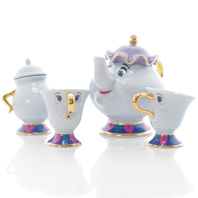 ¡Promoción! Juego de té de La Bella y La Bestia de dibujos animados, tetera Mrs Potts, taza con Chip, azucarero, olla Cogsworth, café, cumpleaños, regalo de Navidad