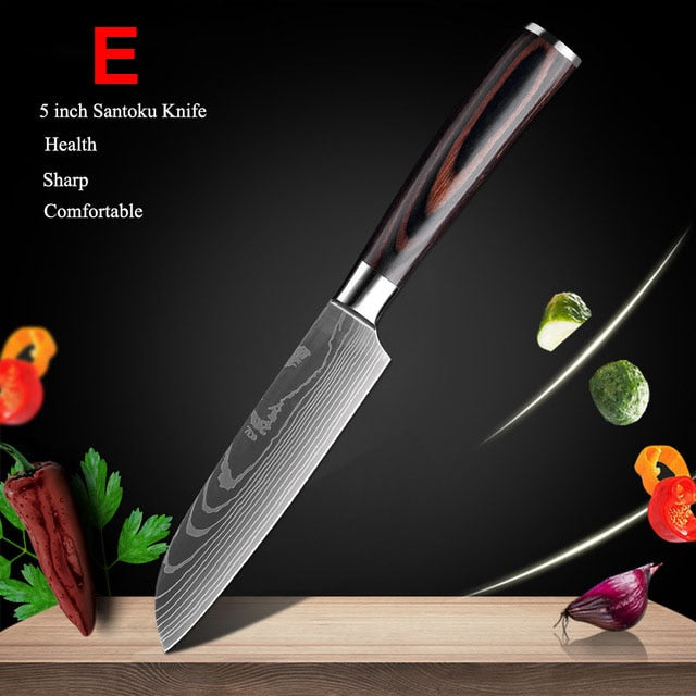 Japanese Kitchen Knife Set Laser Damascus Pattern Stainless Steel  Sharp Cleaver Slicing Utility Knives Kitchen Tools