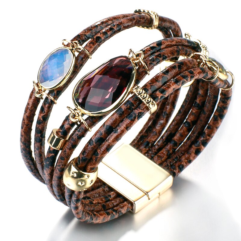 ALLYES Mulltilayer Snake Genuine Leather Bracelets for Women Peace Charm Animals Pattern Crystal Wrap Bracelet Female Jewelry